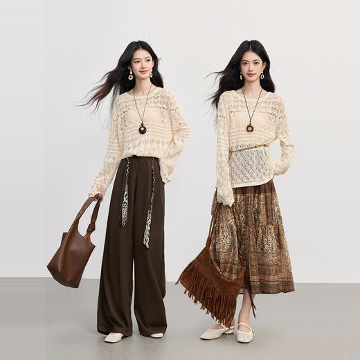 【09/26新品】熙世界老钱风丝巾系带阔腿裤女25年秋季宽松慵懒松弛感休闲直筒裤 商品图1