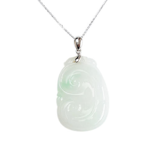 【天然正品】A货翡翠AU750白金镶天然细腻糯种飘绿如意（万事如意）翡翠吊坠项链链长：45CM（长度可调节）女士300825NJ09现售价：2880 商品图0