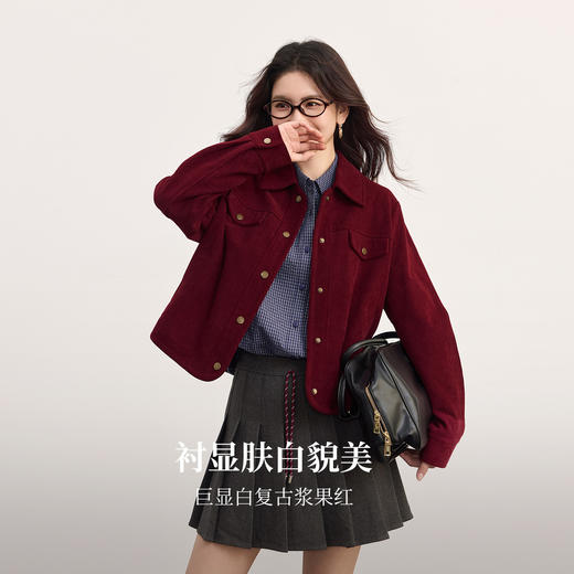 【09/26新品】熙世界复古安哥拉红灯芯绒短外套女士秋冬松弛感落肩翻领夹克上衣 商品图1