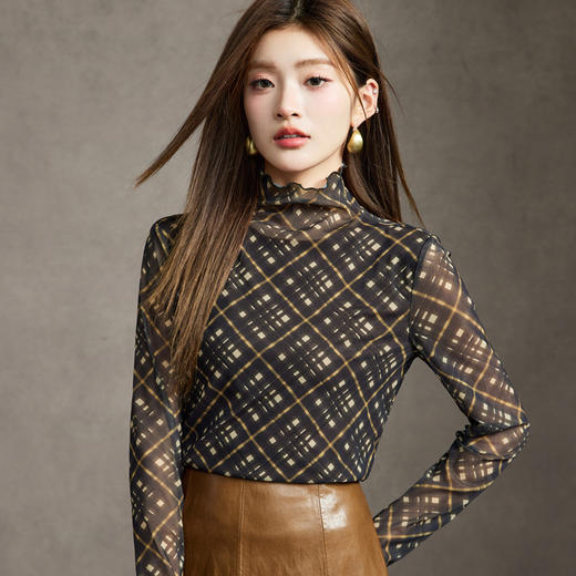 FLSHS2229 2025秋季新款半高领长袖格纹网衫T恤修身显瘦打底衫 商品图4