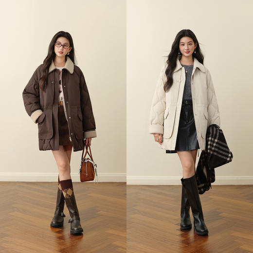 【严选】诗凡黎翻领巴恩风时尚保暖外套2025秋冬新款女拼接羊羔毛领羽绒服7GA180051 商品图1