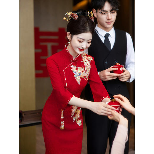 新中式敬酒服新娘高级感红色鱼尾旗袍订婚礼服LSB3041 商品图2