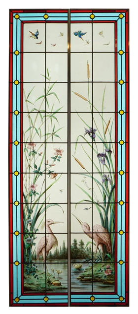 独角鹿西洋古董20世纪初法国新艺术风格时期著名画师Henri Curcier签名出品水岸风光主题彩绘玻璃花窗一对