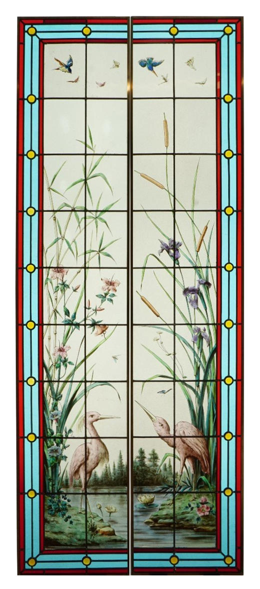 独角鹿西洋古董20世纪初法国新艺术风格时期著名画师Henri Curcier签名出品水岸风光主题彩绘玻璃花窗一对 商品图0