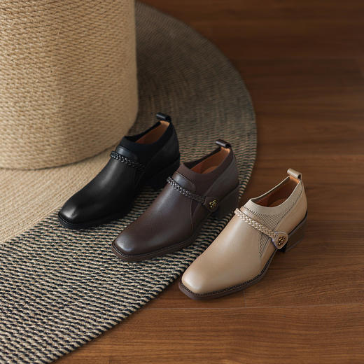 【预售5天】复古羊皮针织拼接深口单鞋女秋冬新款真皮一字带粗跟中跟小皮鞋女LD&7438 商品图1