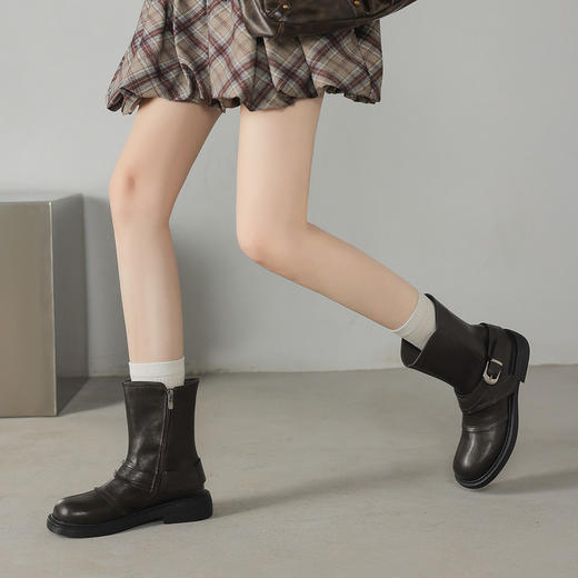 【预售5天】超好看！百搭交叉绑带真皮短靴女秋新款圆头粗跟侧拉链西部靴MX&mx35061 商品图4