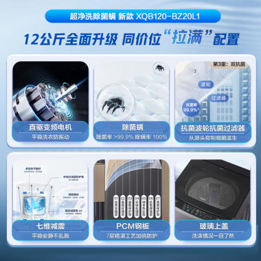 海尔(Haier) 12公斤 变频 全自动 波轮洗衣机 1级能效 超净洗 玻璃盖 除菌螨 XQB120-BZ20L1 商品图3