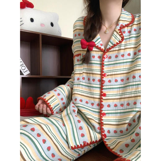 「甜美风~长袖套装」春秋季睡衣女长袖套装可爱甜美条纹家居服高级感可外穿上衣下装 商品图1