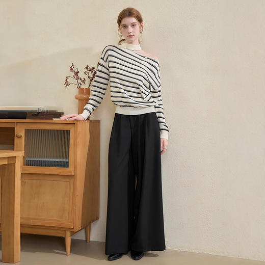 西遇挂脖露肩条纹针织衫设计感气质百搭打底衫长袖T恤H0055170 商品图2