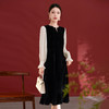 QS真丝丝绒连衣裙秋冬新款撞色拼接法式喇叭袖设计中长裙1379 商品缩略图0