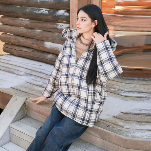 谜底连帽格子羽绒服女2025冬款复古宽松加厚鸭绒面包服257MY8802 商品图2