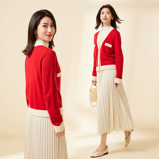 爱帝小香风气质羊毛衫喜气红色开衫外套 商品图4