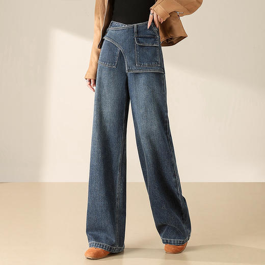 假两件复古蓝阔腿牛仔裤，高腰显瘦长款休闲直筒裤MYX-OZY-25213-L 商品图1