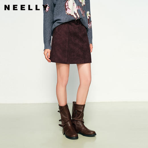 NEELLY纳俪商场同款秋季新款复古显白高腰短裙女简约显瘦A字裙N25094E04628 商品图0
