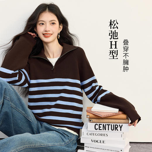 【09/26新品】熙世界高捻云柔纱拉链polo领条纹针织衫女秋季长袖美拉蓝撞色毛衣 商品图1