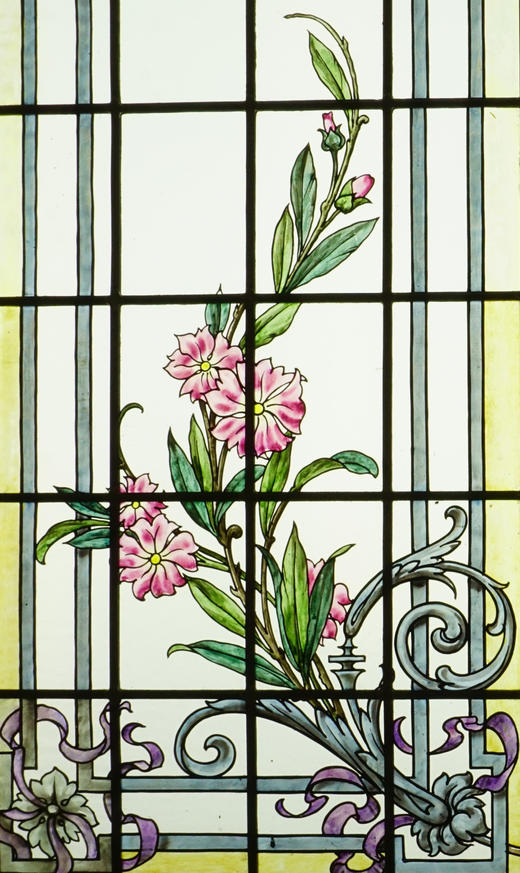 独角鹿西洋古董19世纪末20世纪初法国出品古典缎带卷叶与花卉主题彩绘玻璃花窗一对 商品图4