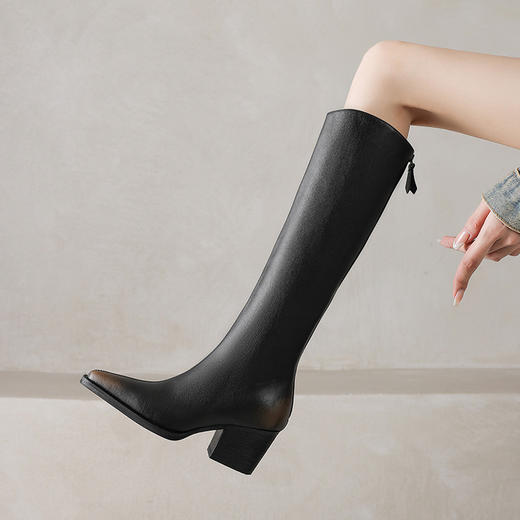 【预售7天】秋冬新款擦色尖头复古V口骑士靴高跟鞋加绒不过膝高筒长靴女KYD&10196 商品图2