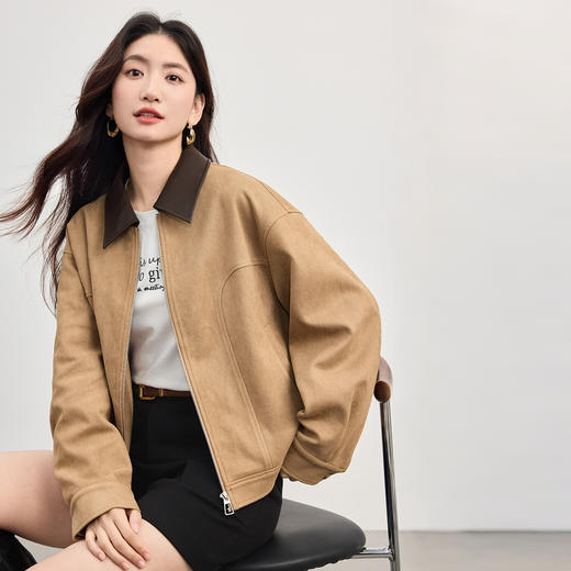 【年货节】熙世界环葆麂皮绒女士短外套秋季休闲复古撞色翻领夹克巴恩风上衣 商品图4