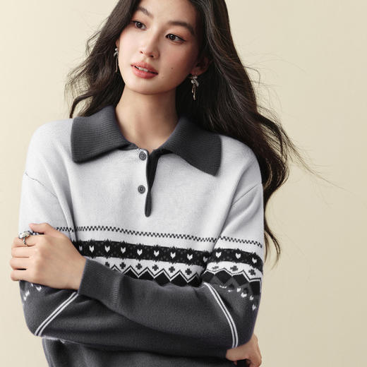 【严选】诗凡黎费尔岛翻领提花针织衫2025冬新款韩系通勤百搭长袖套头毛衣7G9333041 商品图2