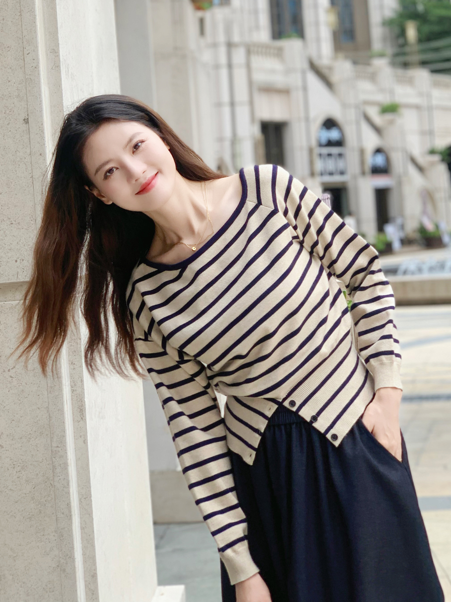 【百图lulu定制】【赫本条纹衫】一字领 条纹 针织衫