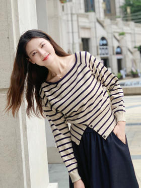 【百图lulu定制】【赫本条纹衫】一字领 条纹 针织衫