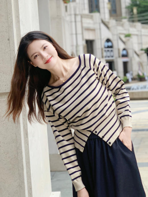 【百图lulu定制】【赫本条纹衫】一字领 条纹 针织衫 商品图0