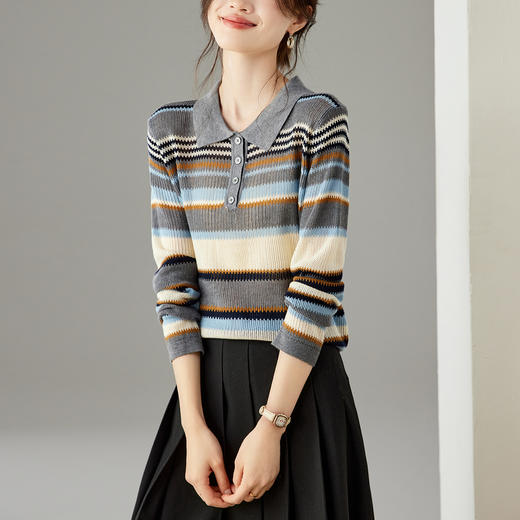 SC35-25161-168 2025秋冬新款翻领撞色条纹针织衫女薄衬衫领宽松线衣外穿女打底衫 商品图0