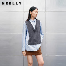 NEELLY纳俪商场同款秋冬新款通勤假两件拼接衬衫女撞色设计感上衣N25091A01138