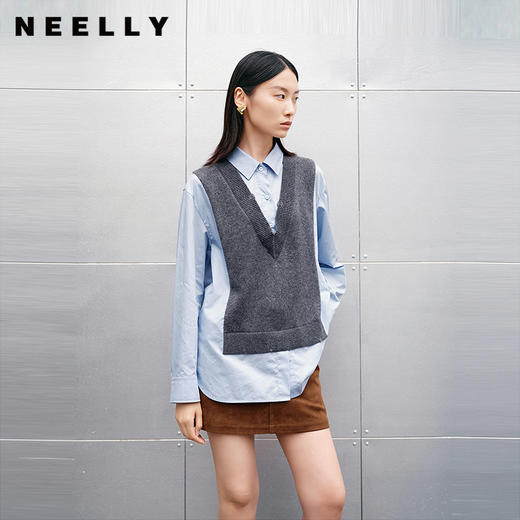NEELLY纳俪商场同款秋冬新款通勤假两件拼接衬衫女撞色设计感上衣N25091A01138 商品图0