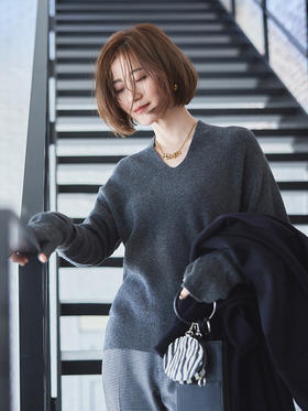 23区日系秋季通勤宽松羊毛羊绒混纺V领套头毛衣针织毛衫商场同款