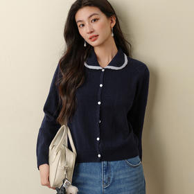 【严选】诗凡黎全羊毛花边娃娃领针织开衫2025冬新款镂空软糯显瘦长袖上衣7G9333111