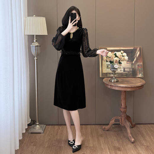 雀说时尚钉珠重工名媛风拼接亮片流苏丝绒连衣裙AL310 商品图2