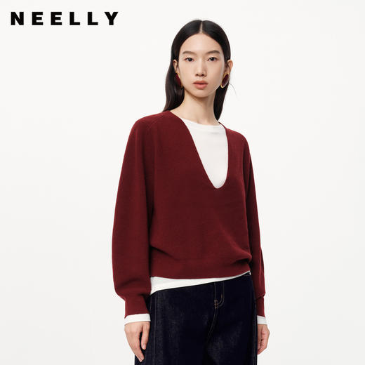 NEELLY纳俪秋季新款商场同款绵羊毛纯色通勤针织衫女软糯内搭毛衣N25094A04619 商品图0