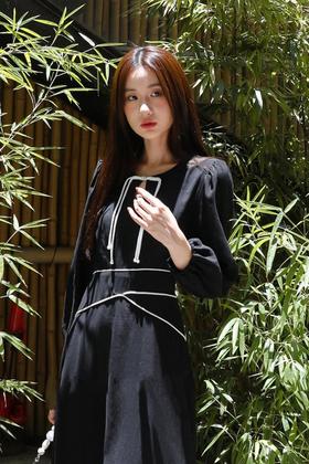 Le Malene 黑色中国风水滴领流苏扣连衣裙 17249