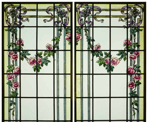 独角鹿西洋古董19世纪末20世纪初法国出品古典缎带卷叶与花卉主题彩绘玻璃花窗一对 商品图1