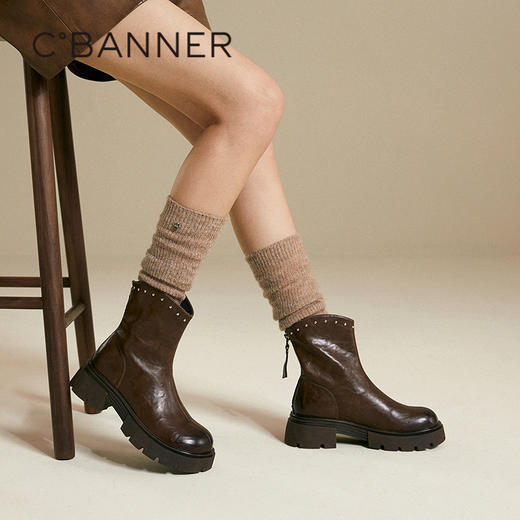 千百度手抓皮厚底切尔西靴女款复古烟筒靴朋克短靴子A25589001 商品图2