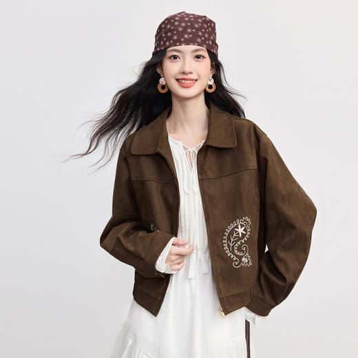 【周末秒杀】熙世界复古咖色花苞短外套秋季女装松弛感小个子仿麂皮绒刺绣夹克 商品图4