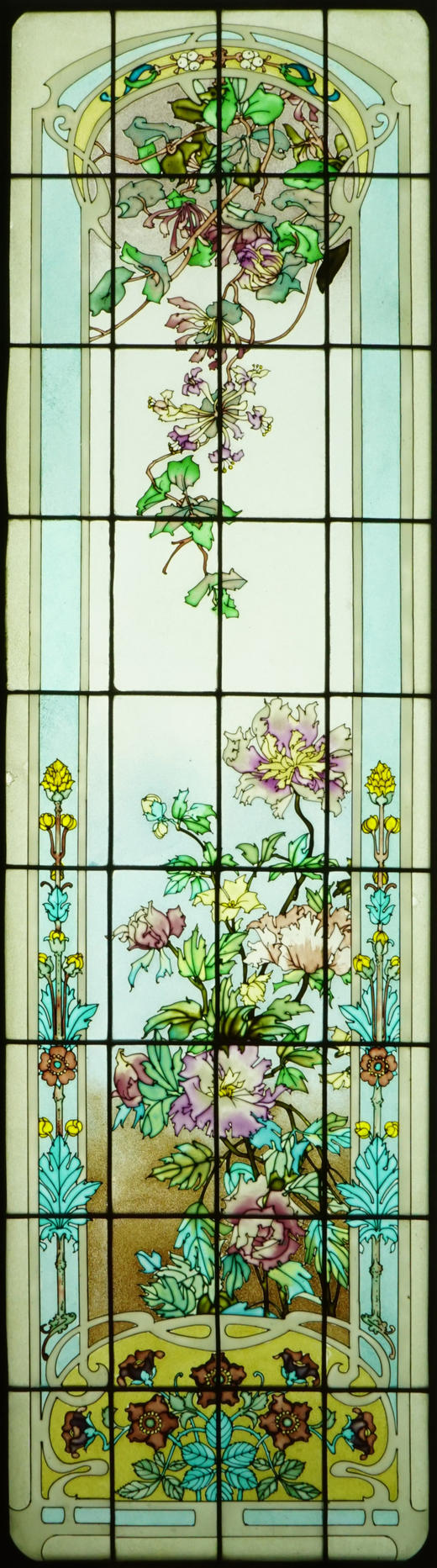 独角鹿西洋古董20世纪初法国新艺术风格时期工坊L’Homme & Lefèvre签名出品繁花齐绽主题彩绘玻璃花窗一组 商品图1