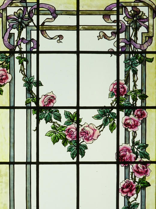 独角鹿西洋古董19世纪末20世纪初法国出品古典缎带卷叶与花卉主题彩绘玻璃花窗一对 商品图5