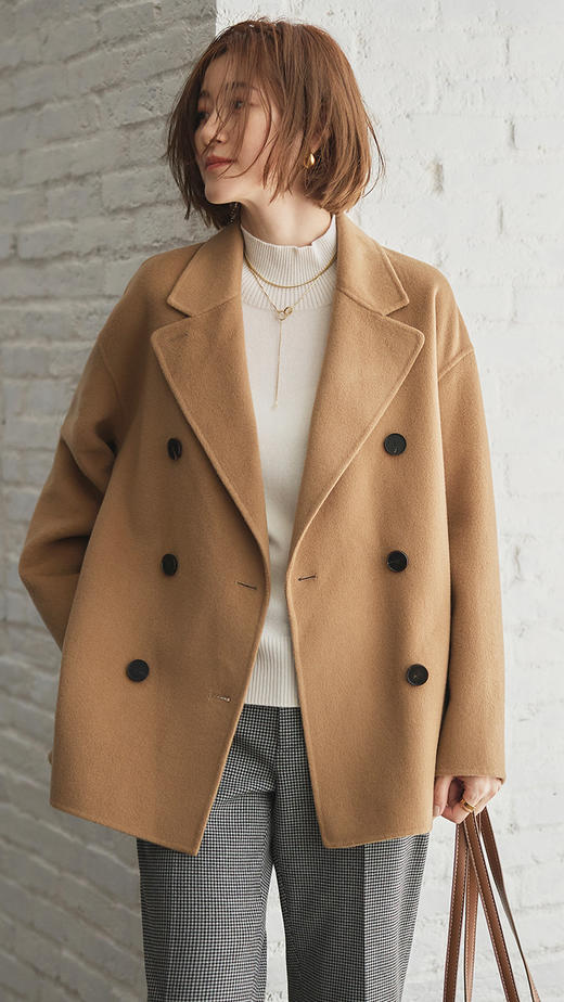 23区日系春季通勤宽松羊毛桑蚕丝混纺双排扣大衣毛呢外套商场同款 商品图1