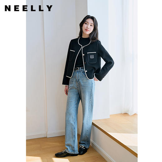 NEELLY纳俪商场同款100%绵羊毛短外套女撞色设计感时尚双面呢大衣N25094N04616 商品图0
