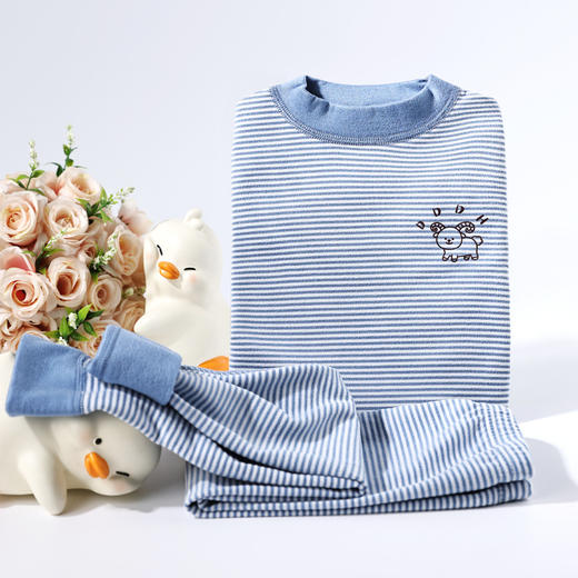 【男女孩加绒圆领秋衣】德绒儿童保暖上衣冬季条纹A类 抗菌打底衫内穿 商品图4