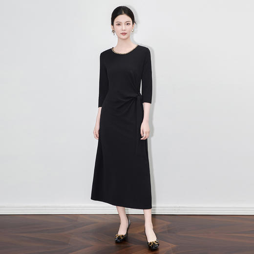 WL 2512602重工钉钻领修身收腰系带显瘦中长连衣裙优雅 商品图2