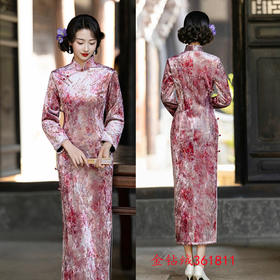 SKY 361811复古中国风长款金钻绒七分袖旗袍