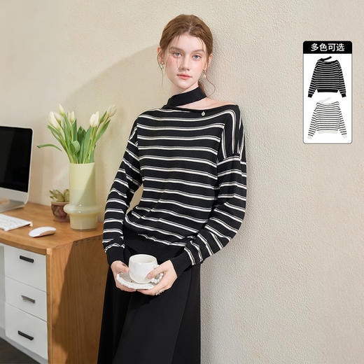 西遇挂脖露肩条纹针织衫设计感气质百搭打底衫长袖T恤H0055170 商品图1