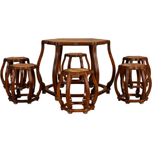 清	红木镶云石葵口六角鼓墩形圆台及凳成套（一桌六凳） 商品图5