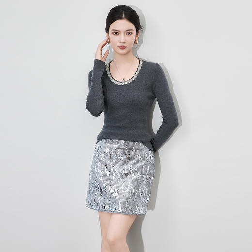 「高货wl」全新升级【铂金会员201/天猫269/差价68】(01443)洛诗琳轻奢镶钻领针织衫2025秋季气质羊毛混纺打底上衣女 商品图1