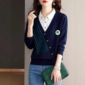 春秋2025新款女宽松气质假两件毛衣洋气减龄衬衫领针织打底衫上衣