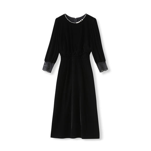 WL 2512603重工钉珠领蕾丝拼接丝绒收腰修身连衣裙气质 商品图4