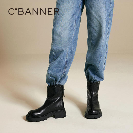 千百度手抓皮厚底切尔西靴女款复古烟筒靴朋克短靴子A25589001 商品图4